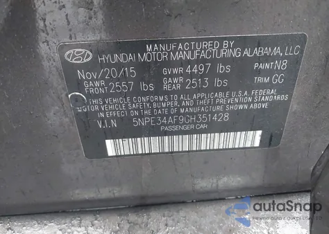 2016 Hyundai Sonata Sport z USA, uszkodzony, nr VIN 5NPE34AF9GH351428